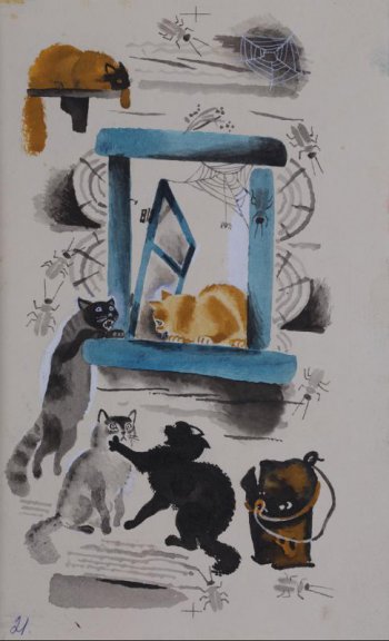 Стилизованное изображение пяти кошек около окна, вокруг паутина и тараканы.