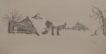 Изображен зимний заснеженный пейзаж с разрушенными деревянными домами. В центре композиции - стоящие фигуры женщины и мальчика с котомкой.