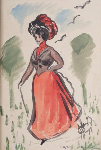 На фоне стилизованно исполненного пейзажа изображена в рост в 3/4 повороте влево дама в красном платье и шляпе с красным пером; возле ее ног - стилизованное изображение кошки.