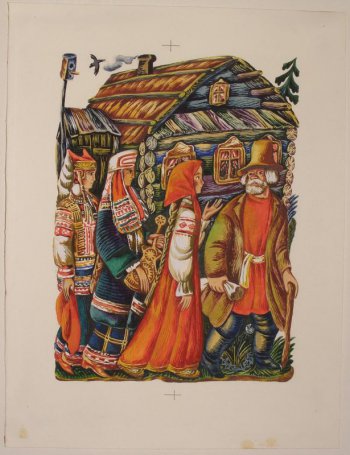 На фоне бревенчатой избы изображены идущие друг за другом старик в русской крестьянской одежде с мешком и палкой, девушка в красном сарафане, белой кофте с красной вышивкой, красном платочке, в лаптях, с длинной косой на спине; женщина в зеленой одежде, красных сапожках, разноцветном головном уборе с прялкой в руках; женщина в разноцветной кофте, синей юбке, красных сапожках, красно- желтом головном уборе с красной пряжкой в руках.