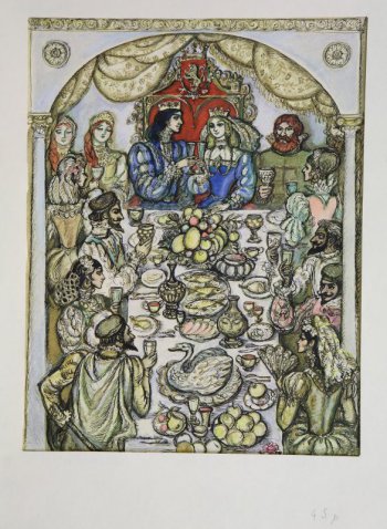 Изображены люди в пышных одеждах, сидящие за празднично накрытым  столом; в центре композиции - юноша и девушка в коронах на красном троне.