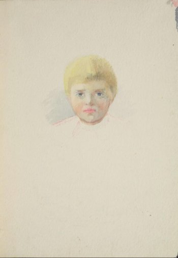 На нежно голубом фоне изображена голова мальчика в фас; волосы цвета соломы, глаза серые смотрят на зрителя.