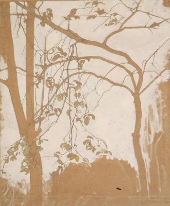 На голубоватом фоне изображены два силуэта стволов лиственных деревьев. Один ствол раздвоен, без ветвей; другой - с сучковатыми ветками с бледно-зелеными листьями, своей  верхушкой склонился к первому.
