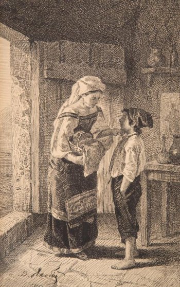 Изображена молодая женщина, правой рукой она обхватила корзинку, левой рукой держит за подбородок мальчика, стоящего справа от нее. Руки мальчика заложены в карманы. За мальчиком видна часть стола с посудой. Слева - открытая дверь.