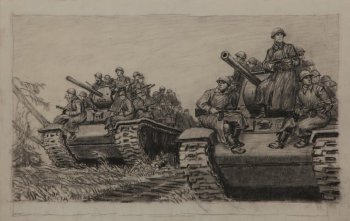 Изображены два  рядом идущих танка с вооруженными на них бойцами.