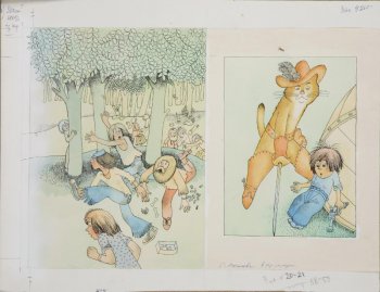 В левой части листа - стилизованное изображение бегущих по лесу людей. В правой части - стилизованное изображение кота в сапогах, шляпе, со шпагой и мальчика в голубой одежде с длинными взъерошенными волосами, с пистолетом.
