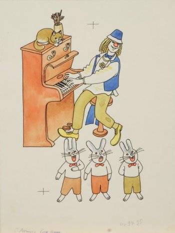 Стилизованное изображение, играющего на фортепиано, клоуна и  трех поющих зайцев.