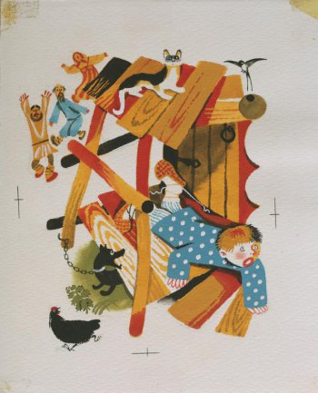 Стилизованное изображение мальчика в лаптях, лежащего на крыльце; слева собака и курица. На втором плане - группа бегущих людей.
