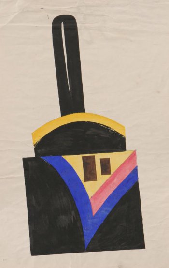 Изображена черная квадратная дамская сумочка с синей остроконечной полосой, в центре этой полосы желтый угольник с розовой полосой и два коричневых четырехугольника. На верхнем краю большая полукруглая застежка с желтой полосой и черная ручка петлей.
