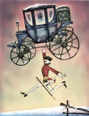 Изображен бегущий человек в красном мундире 18 века со шпагой на поясе; правой рукой он поднял над головой  карету.