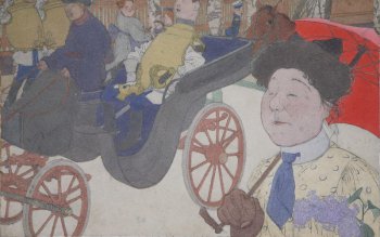Изображен генерал в виде самовара, едущий в коляске. Справа идет дама с красным зонтом. Слева несколько прохожих, двое из них также в виде самоваров.
