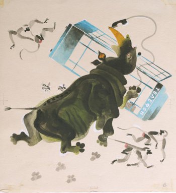 Изображено: носорог, опрокинутая телефонная будка, три мартышки.