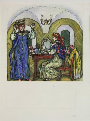 Изображены две девушки у туалетного столика в помещении со сводчатым потолком. Слева - девушка в синем сарафане, венце, с зеркалом в левой руке, в рост, анфас. Справа - девушка, сидящая у стола перед зеркалом.