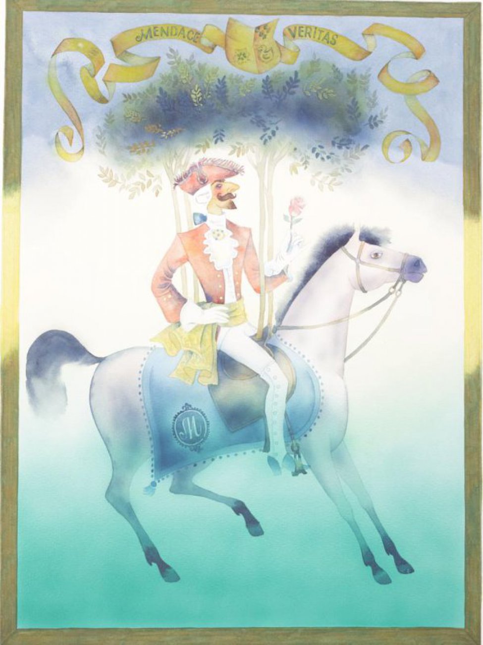 Стилизованное изображение всадника в красной щляпе-треуголке, в белом парике с синим бантом; в красном камзоле с желтым шарфом, белых перчатках, белых лосинах и сапогах на высоком каблуке, с красной розой в руке, сидящего на светло-серой лошади; из седла растут деревья с пышными зелеными кронами. над изображением - герб и лента, на ленте надпись:MENDACE VERITAS.