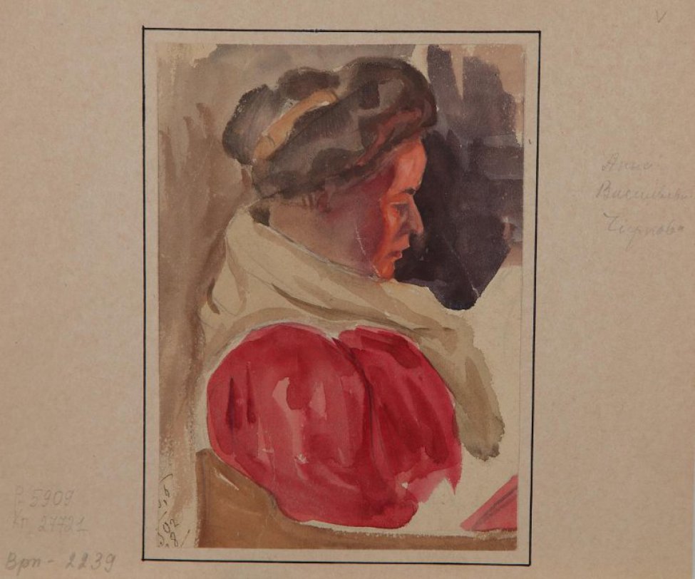 Ппогрудное изображение в правый профиль женщины средних лет с пышными волосами, забранными в прическу; женщина в малиновом платье, на плечах светлый платок.