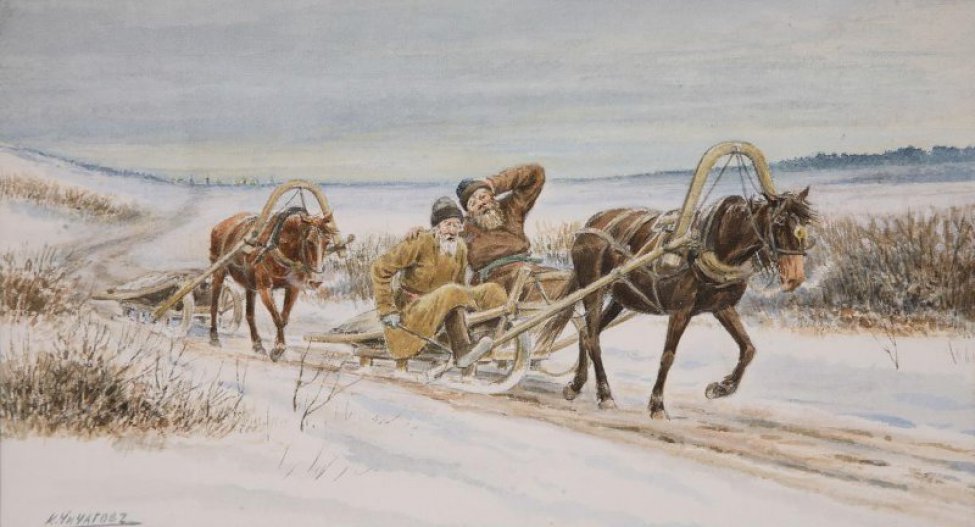 Изображена зимняя дорога, идущая слева направо, между кустарником. По дороге идут две лошади, запряженные в розвальни. На передней лошади едут два крестьянина, один с кнутом в правой руке, другой с заложенной за голову рукой; вторая лошадь идет порожняком. Вдали - поле покрытое снегом, лес.