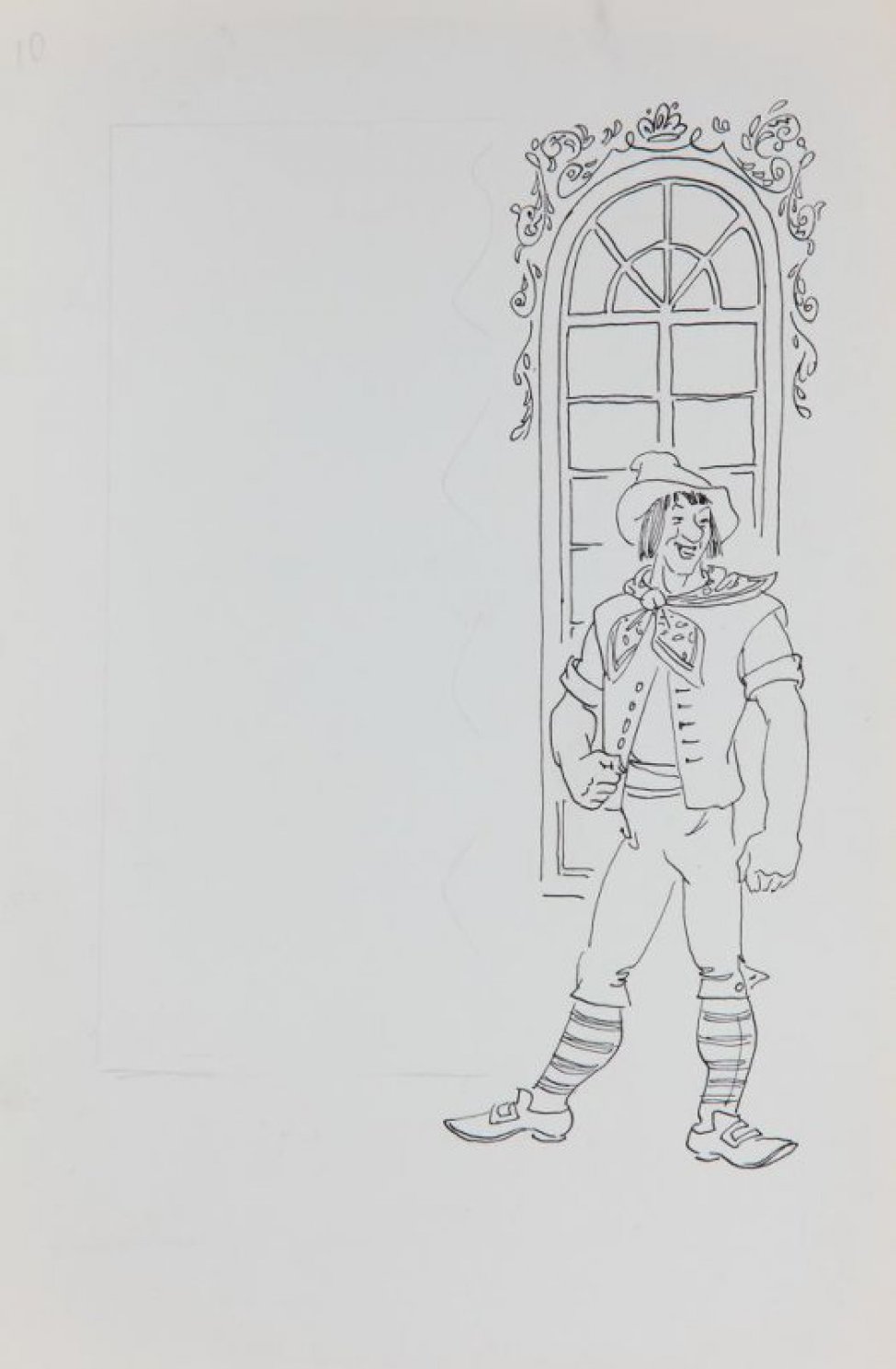 В правой части листа - изображение улыбающегося молодого человека, стоящего на фоне окна, декорированного цветочным орнаментом. Слева -  разметка карандашом для текста.