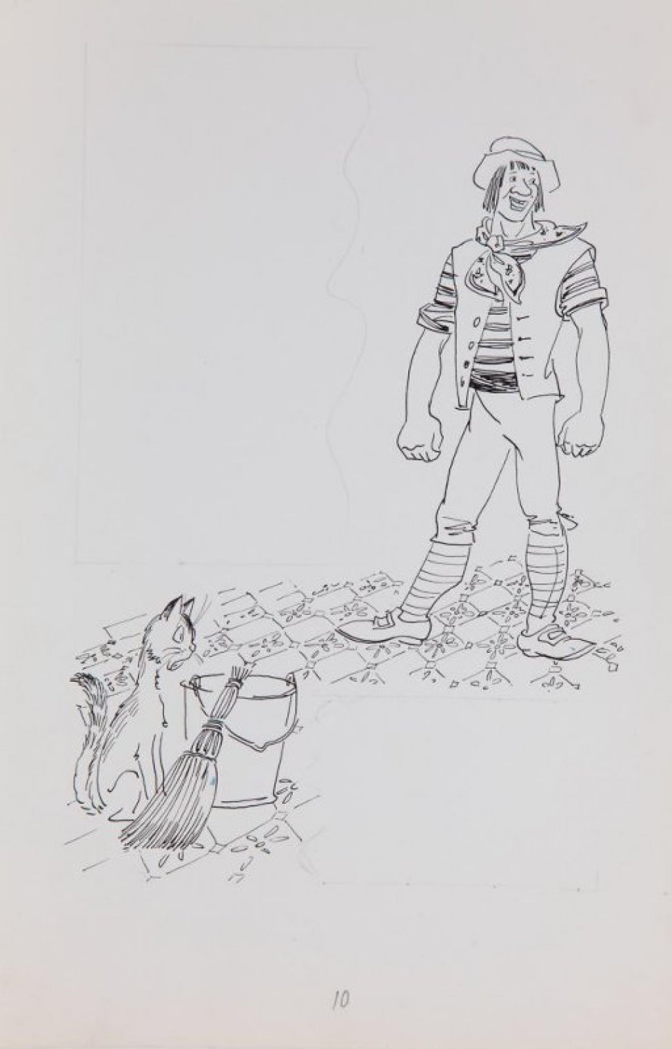 В правой части композиции изображен молодой улыбающийся человек, стоящий на паркете, широко расставив ноги, с опущенными руками, сжатыми в кулаки. Слева - кошка, сидящая возле ведра с веником. В верхней части листа слева карандашом разметка для текста.