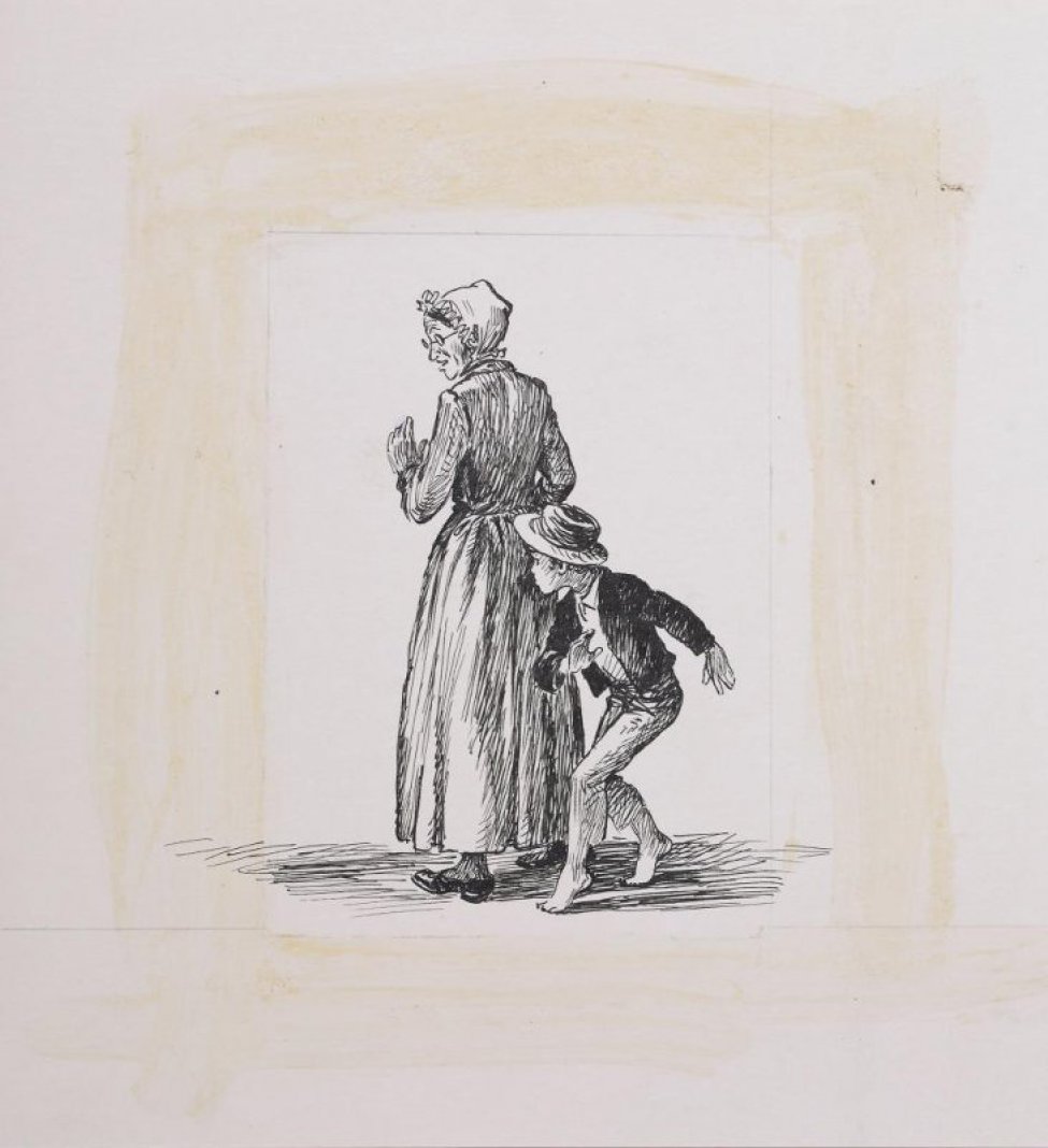 Изображены со спины, голова в профиль, пожилая женщина в очках и чепце и длинном платье и мальчик в светлых брюках, темной курточке, в шляпе и босиком, идущий на пальцах, за спиной женщины.