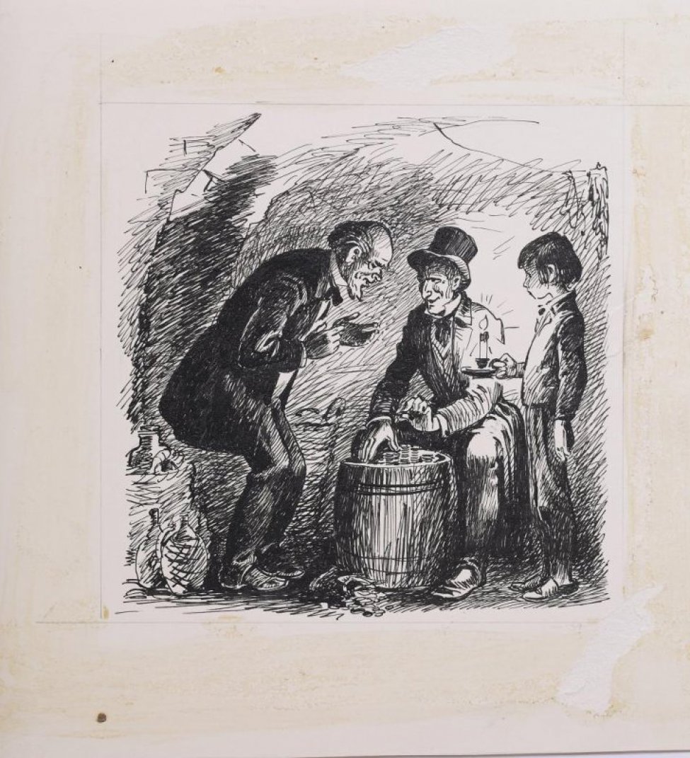 В интерьере помещения с низким сводчатым потолком изображена группа из трех человек. В центре - мужчина средних лет, сидящий возле бочки, на которой лежат стопки монет, слева - старик, наклонившийся к бочке; справа - мальчик со свечкой.