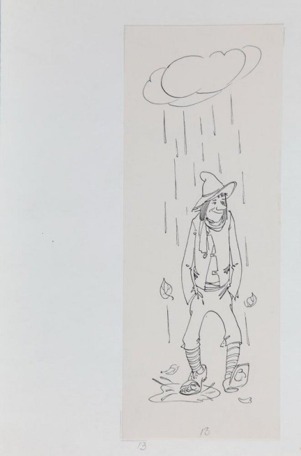 Стилизованное изображение молодого человека, держащего руки в карманах, в шляпе, с шарфом на шее, в изношенных башмаках, шагающего под дождем по лужам.