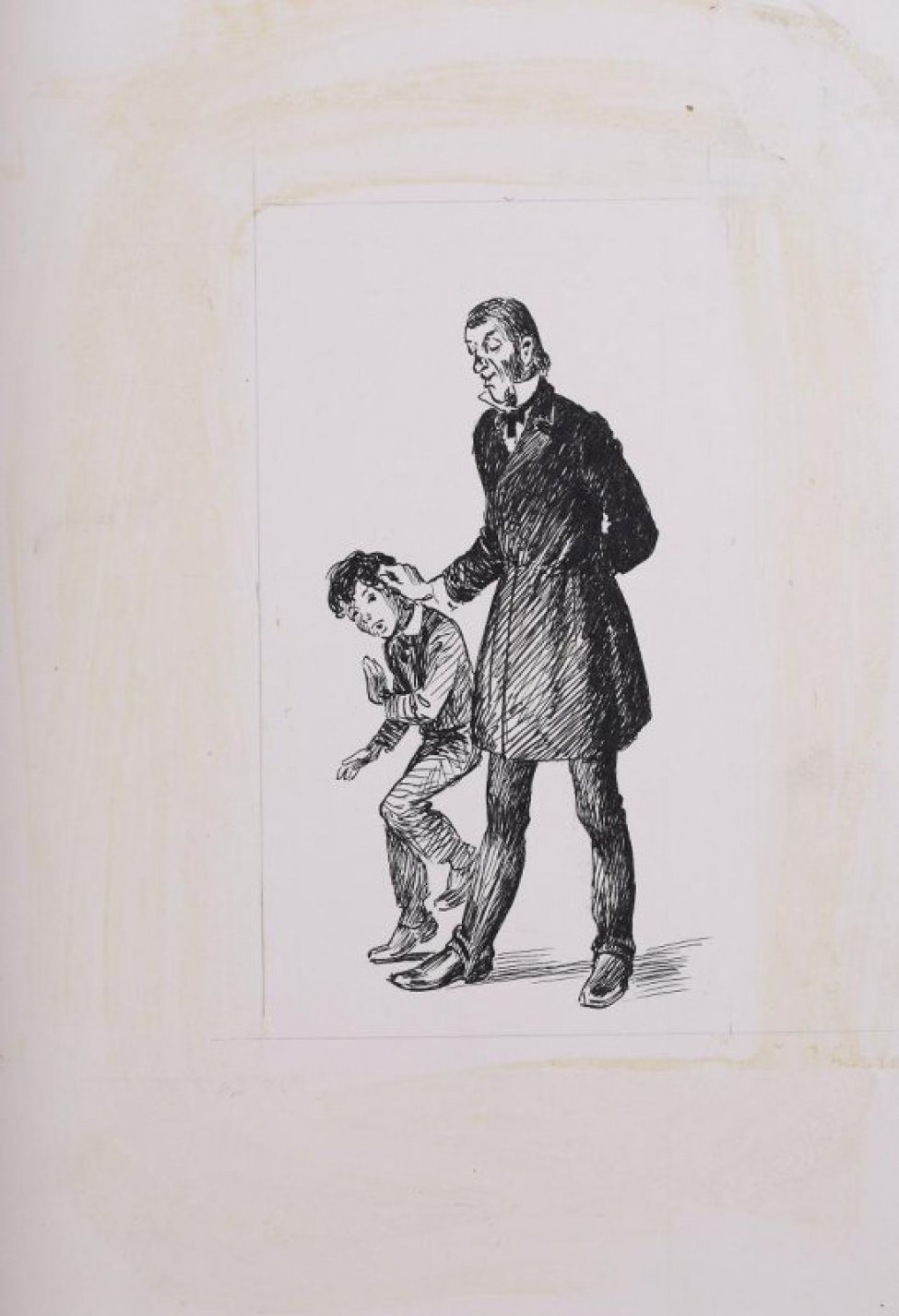 Изображен в рост в 3/4 повороте пожилой мужчина, закинувший левую руку за спину, а правой взявший за ухо скорчившегося мальчика.