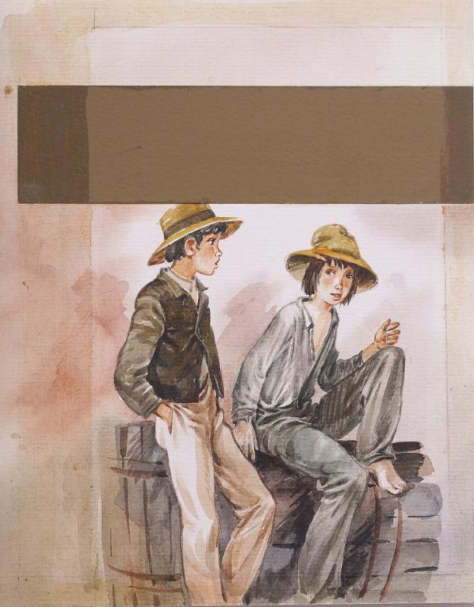 Изображены два мальчика - подростка. Один стоит положив руку в карман и прислоняясь к бочке, опрокинутой на бок. В верхней части композиции наклеена полоска бумаги 4,5х17 см. цвета хаки.