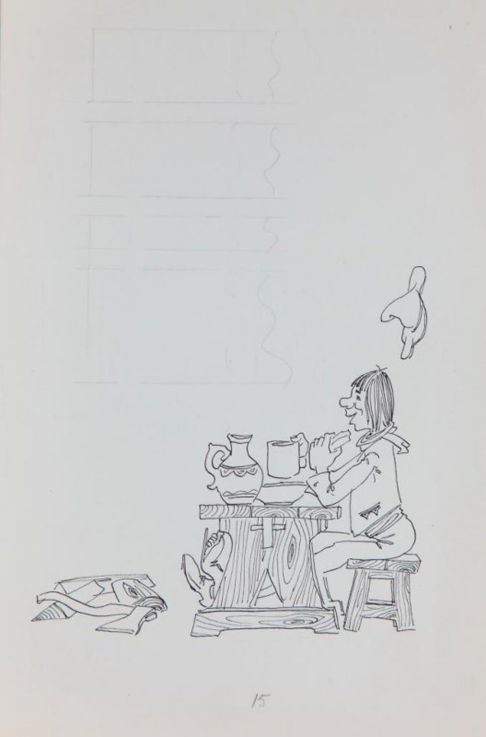 В нижней части листа - стилизованное изображение молодого человека, сидящего за столом, с кружкой и куском хлеба в руках. Над ним справа - висящая на стене шляпа. Слева - поленья и топор. В верхней части - разметка графитным карандашом для текста.