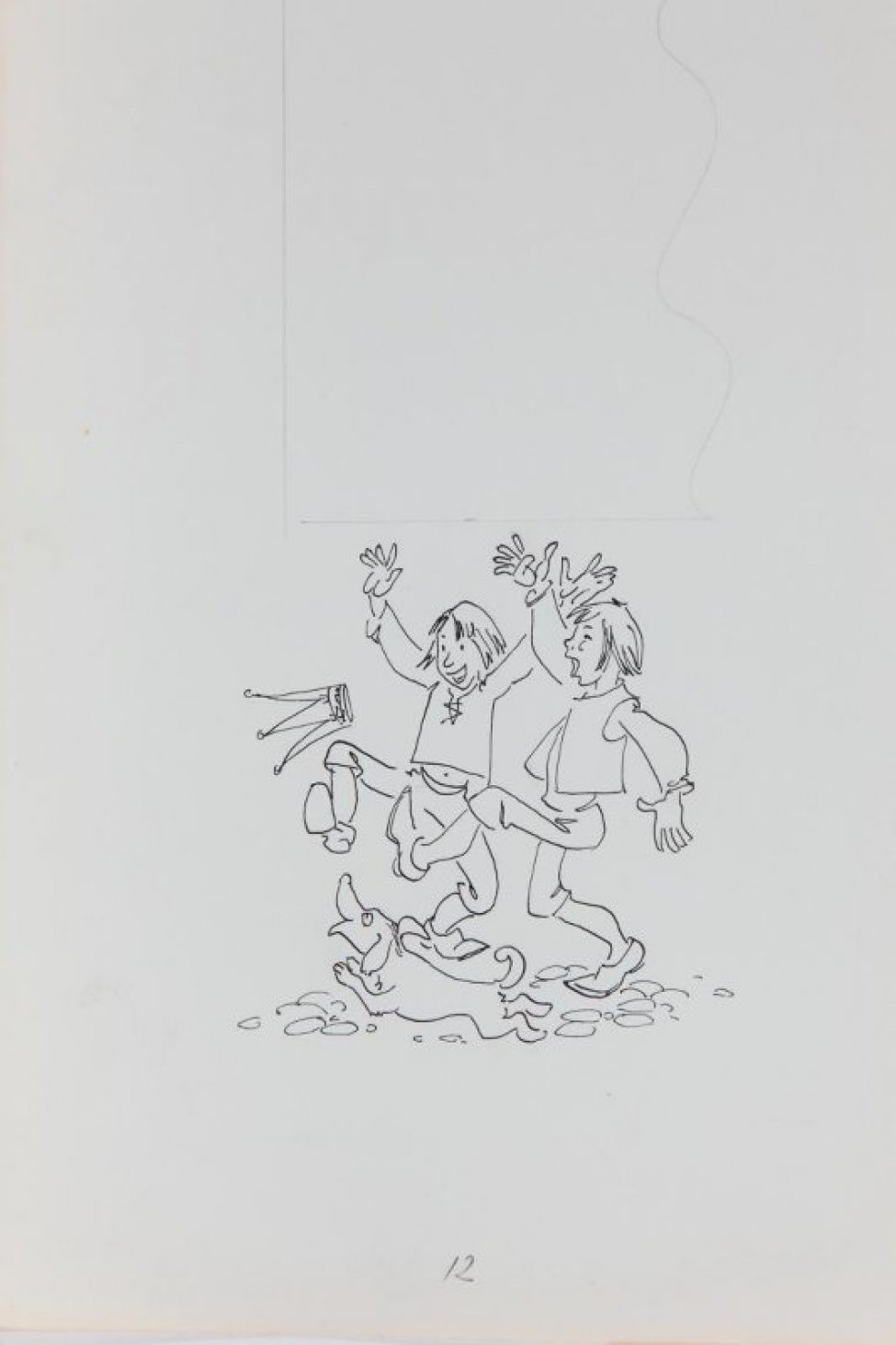 В нижней части листа - стилизованное изображение двух мальчиков с поднятыми вверх руками, пинающих корону, и бегущей собаки. В верхней части - разметка карандашом для текста.