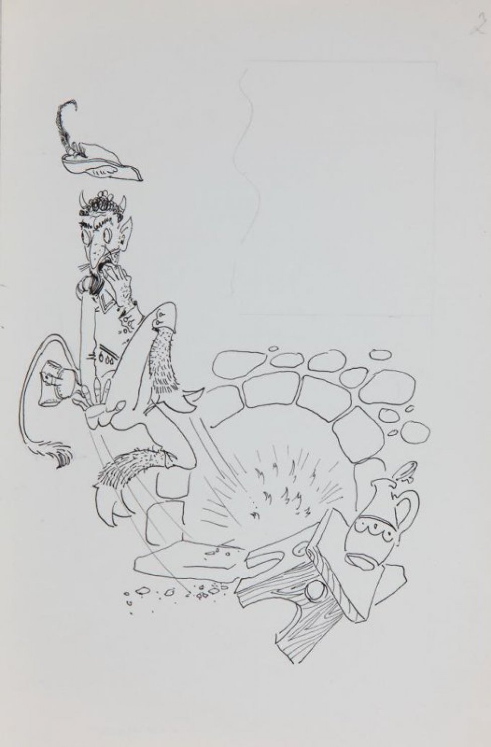 Стилизованное изображение черта в охотничьем костюме, пылающего камина, падающих скамейки и кувшина. В верхней части - графитным карандашом разметка для текста.