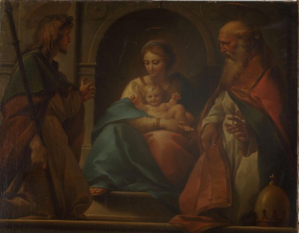 В центре изображена мадонна, сидящая с младенцем на коленях, одетая в красные и синие одежды. По обе стороны от нее двое святых с лицами, обращенными к ней. Фоном служит стена с аркой.