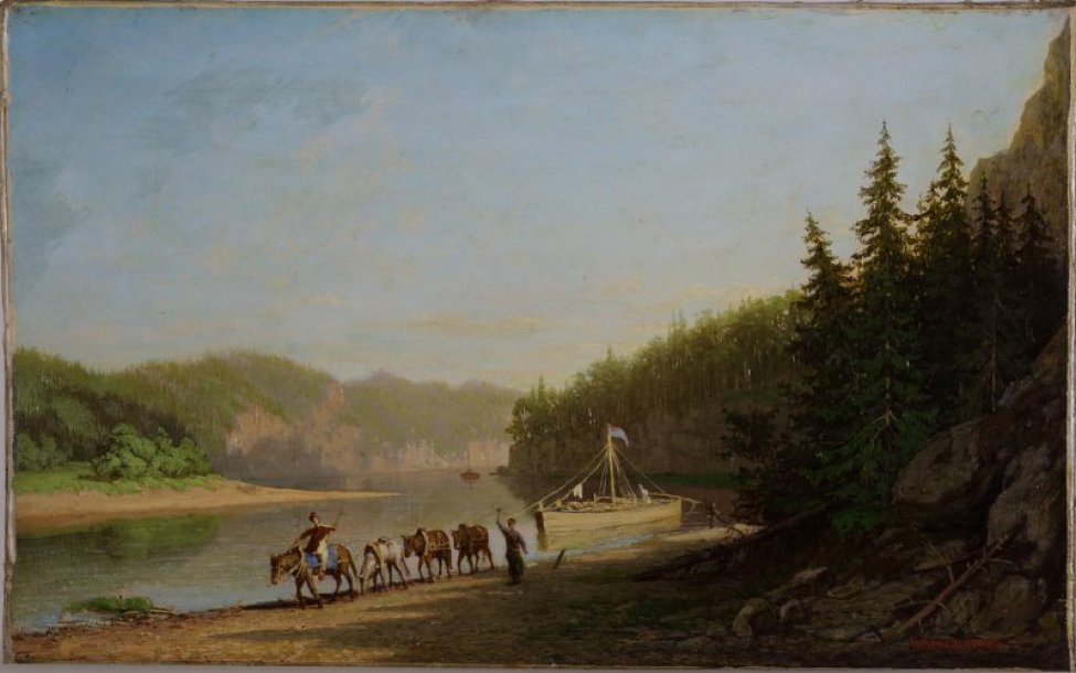 Изображена река. На переднем плане четыре лошади тянут баржу. Берега крутые лесистые. Вода и небо синие.
