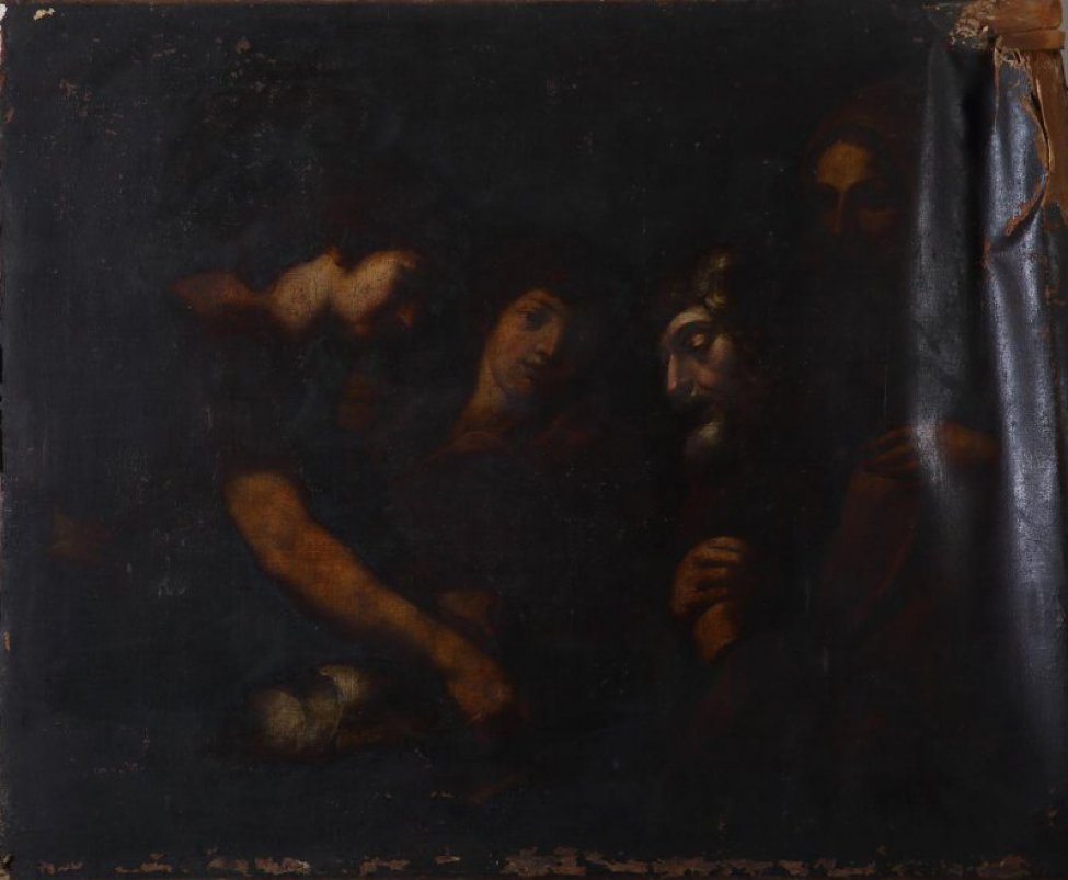 Изображен слепой старик, сзади которого стоит женщина и двое юношей. Один из них (ближний к зрителю) разрезает рыбу.