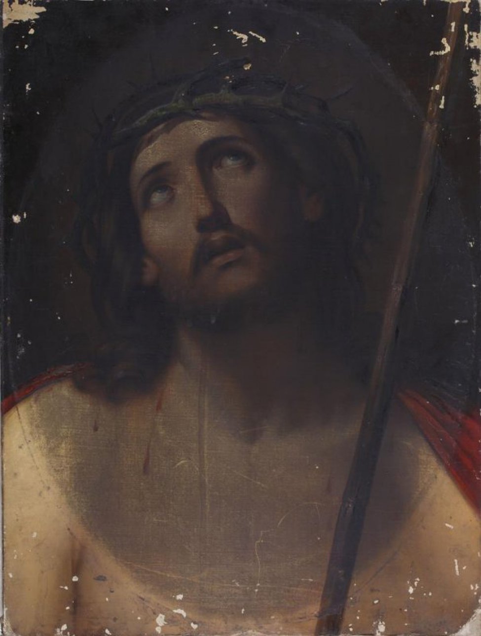 Изображан погрудно Христос в тернговом венце. Голова и глаза подняты кверху, длинные волосы падают на плечи. Одежда красного цвета.