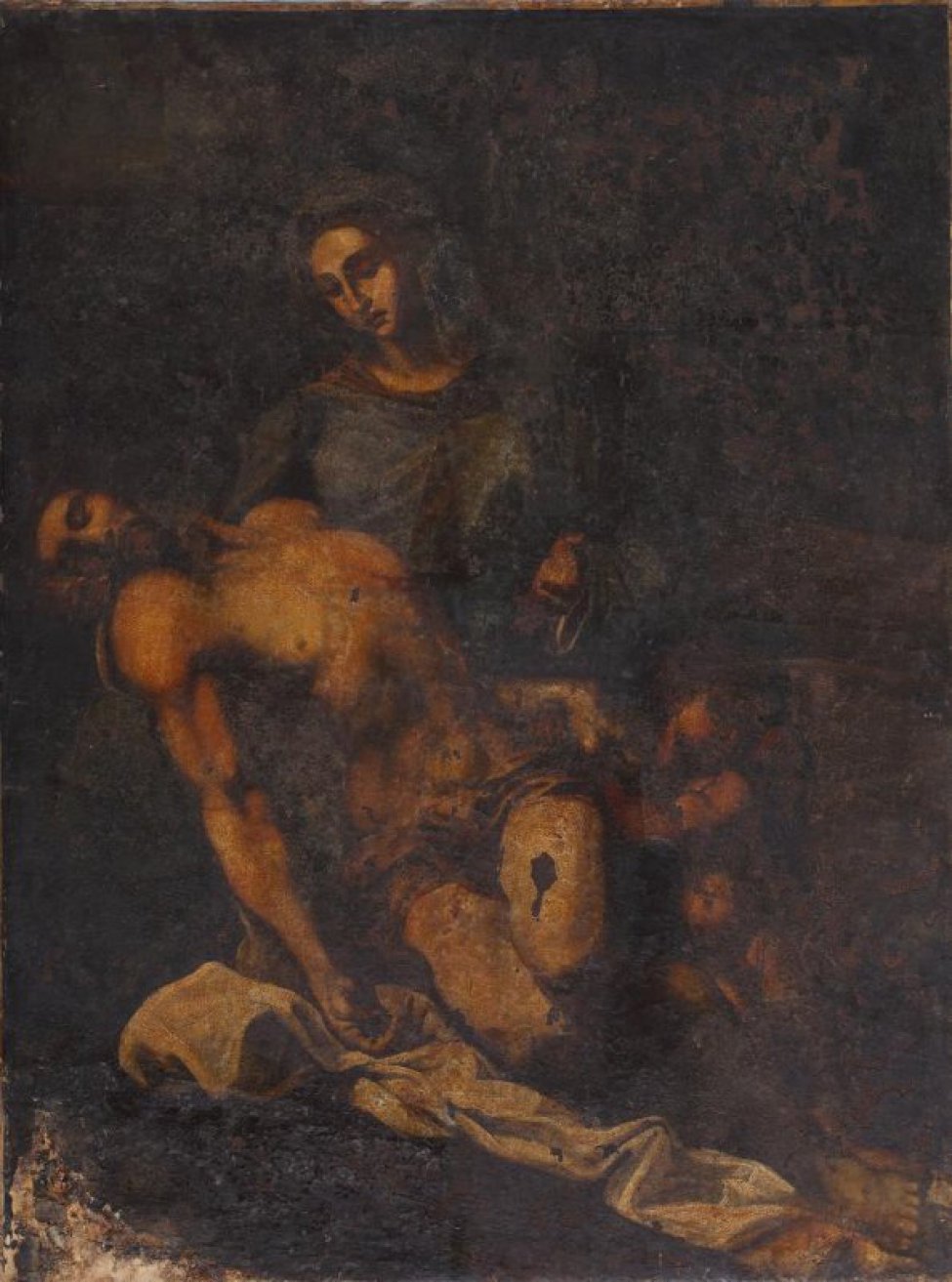 Изображена на темном фоне Богоматерь поддерживающая правой рукою голову безжизненно склонившегося Христа; левую руку его держит ребенок. На земле лежат пелены.