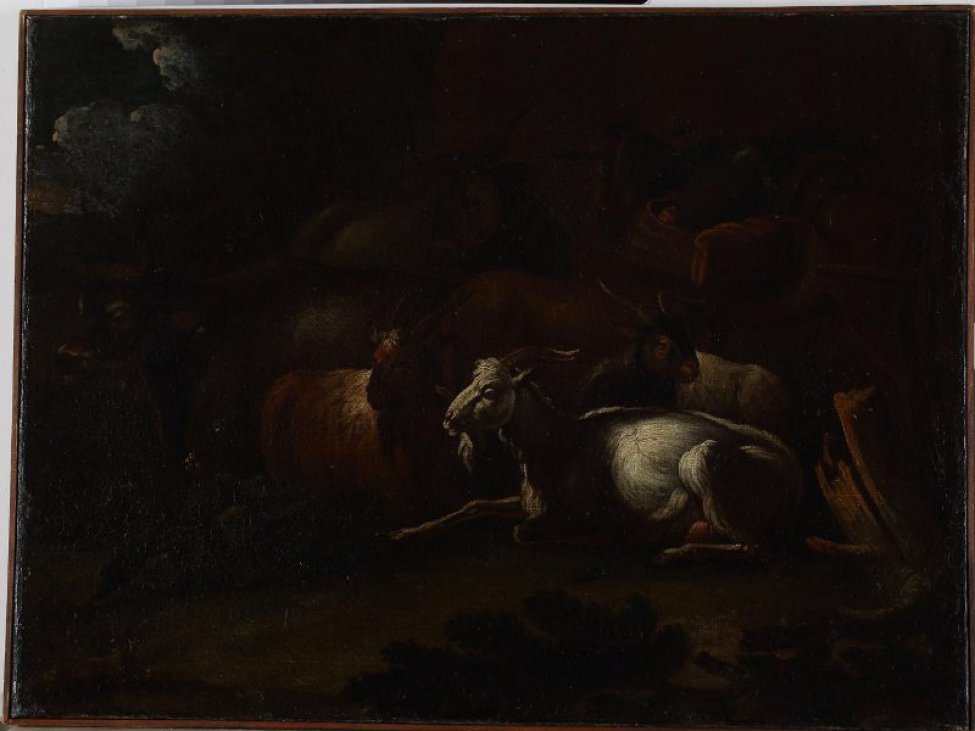 Изображает четырех отдыхающих коз, из которых две белые, одна черная и одна каштановая, и смутно вырисовывающихся на заднем плане трех коров, лошадЬ. нагруженну поклажей (с правой стороны в картине).