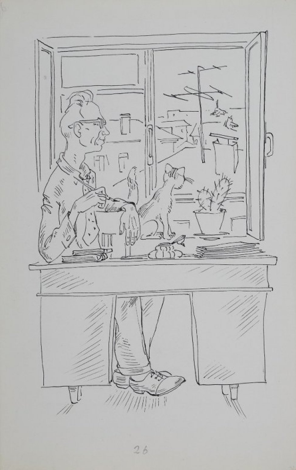 Дано профильное изображение пожилого мужчины в очках, сидящего за письменным столом у окна; на подоконнике возле кактуса сидит кошка; за окном виден городской пейзаж с воробьями над крышей.