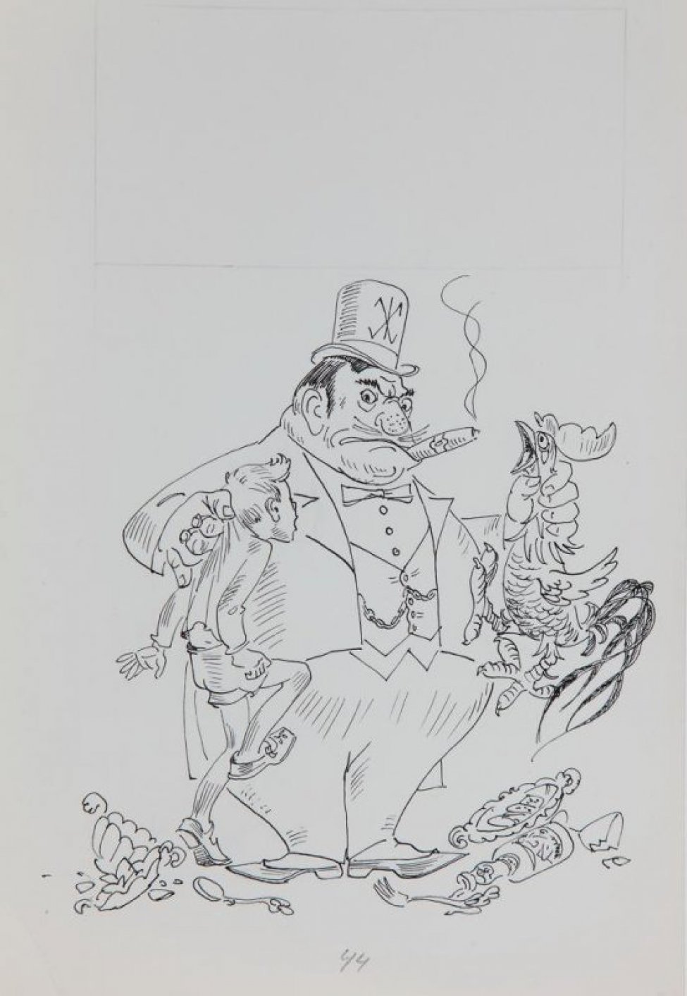В нижней части листа - стилизованное изображение толстого человека во фраке, цилиндре и с сигарой в зубах; левой рукой он держит за горло петуха, правой рукой держит за шиворот мальчика. В верхней части - разметка карандашом.