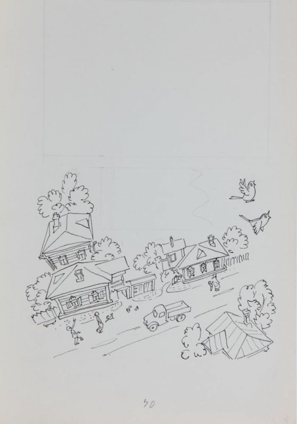Стилизованное изображение (вид сверху) деревенской улицы, по которой бегут дети, идет старушка с ребенком, и движется грузовик; над улицей летят два воробья. Над изображением - разметка карандашом.
