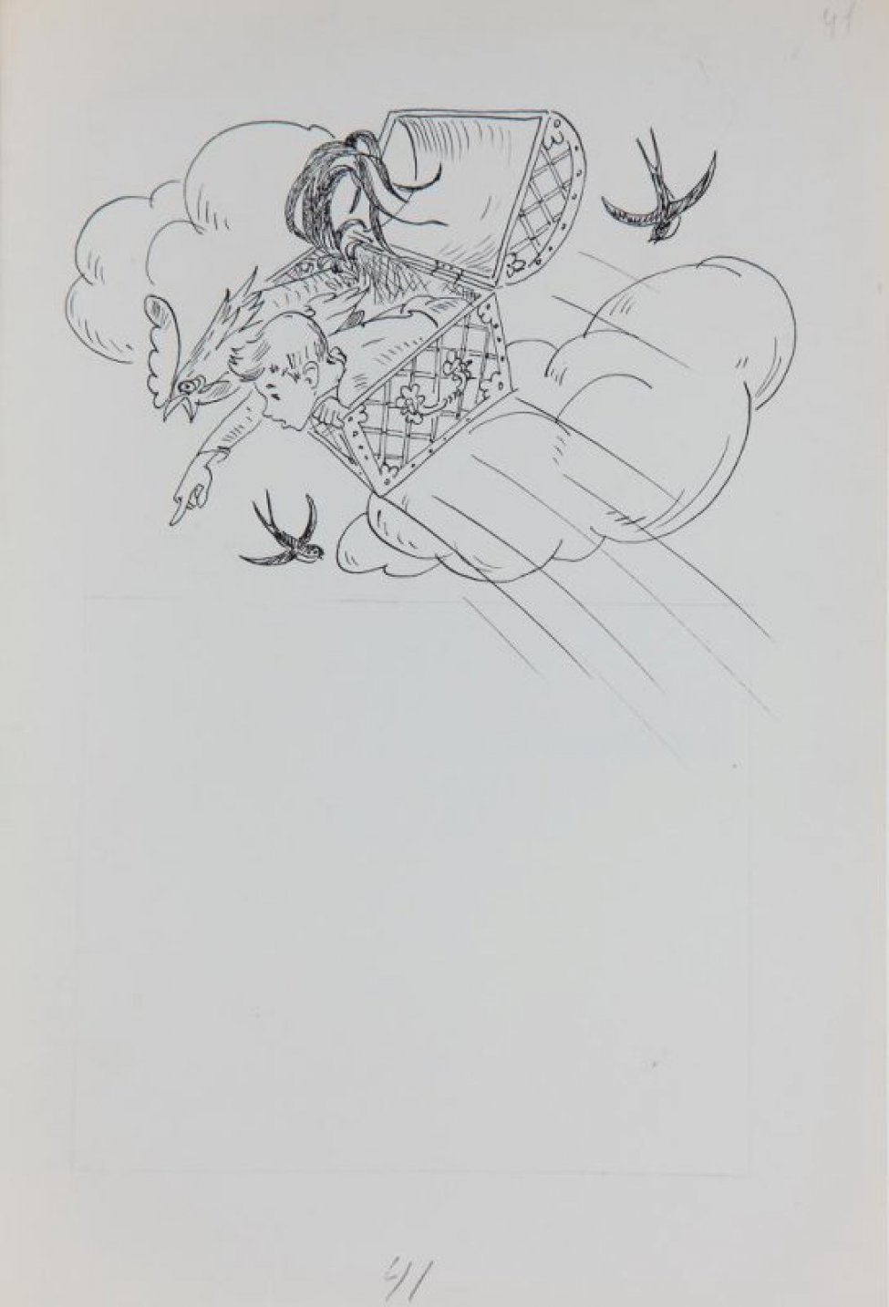 В верхней части листа - стилизованное изображение летящего среди облаков и ласточек сундука с сидящими в нем петухом и мальчиком. В нижней части - разметка карандашом.