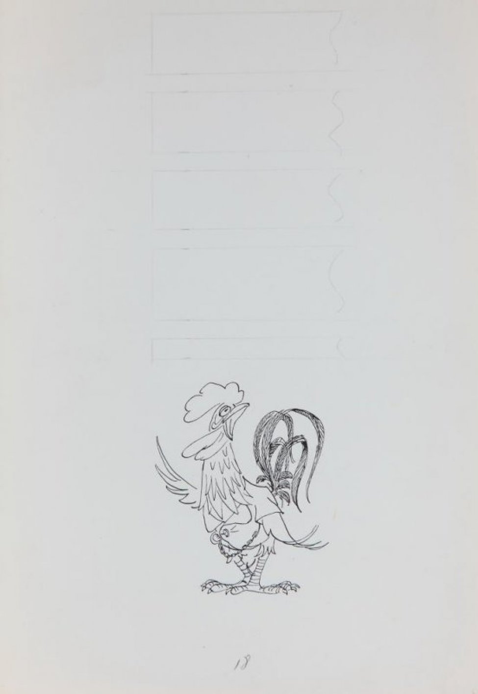 В нижней части листа - стилизованное изображение петуха с раскрытым клювом, в жилете с цепочкой. В верхней части - разметка карандашом для текста.