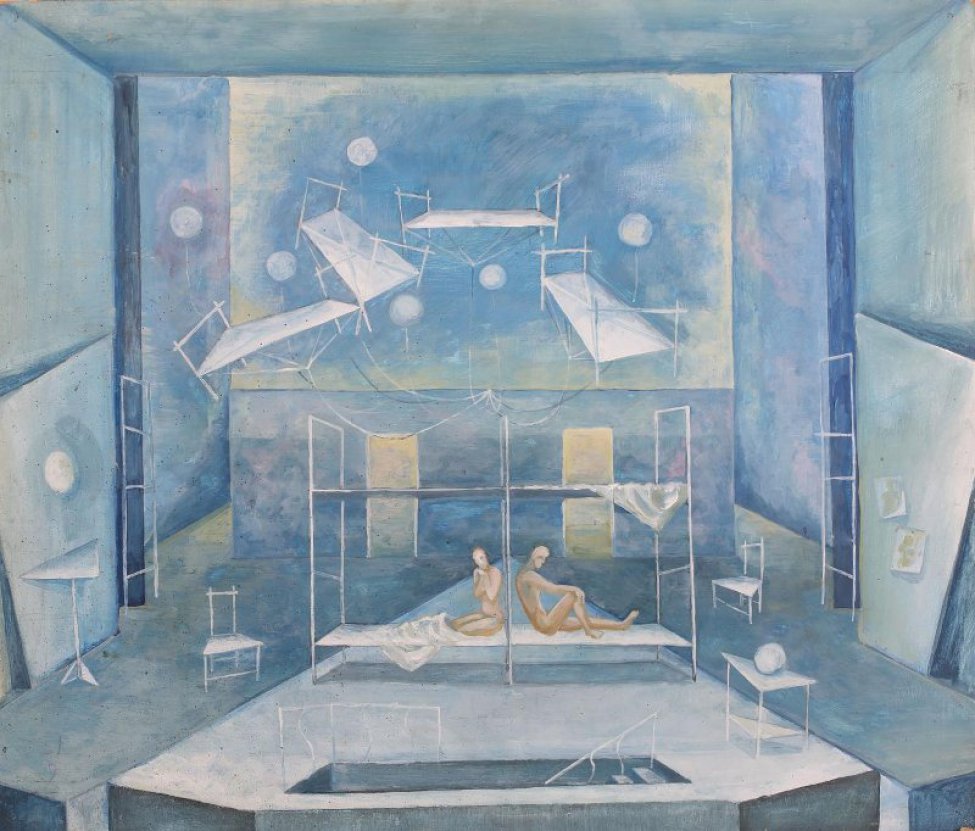 Стилизованное изображение помещения; в центре две двухъярусные кровати с сидящими обнажёнными девушкой и юношей. По сторонам стулья. Сверху четыре светлые кровати, соединённые верёвками и светлые шары на веревочках. Работа выполнена в оттенках голубого цвета.