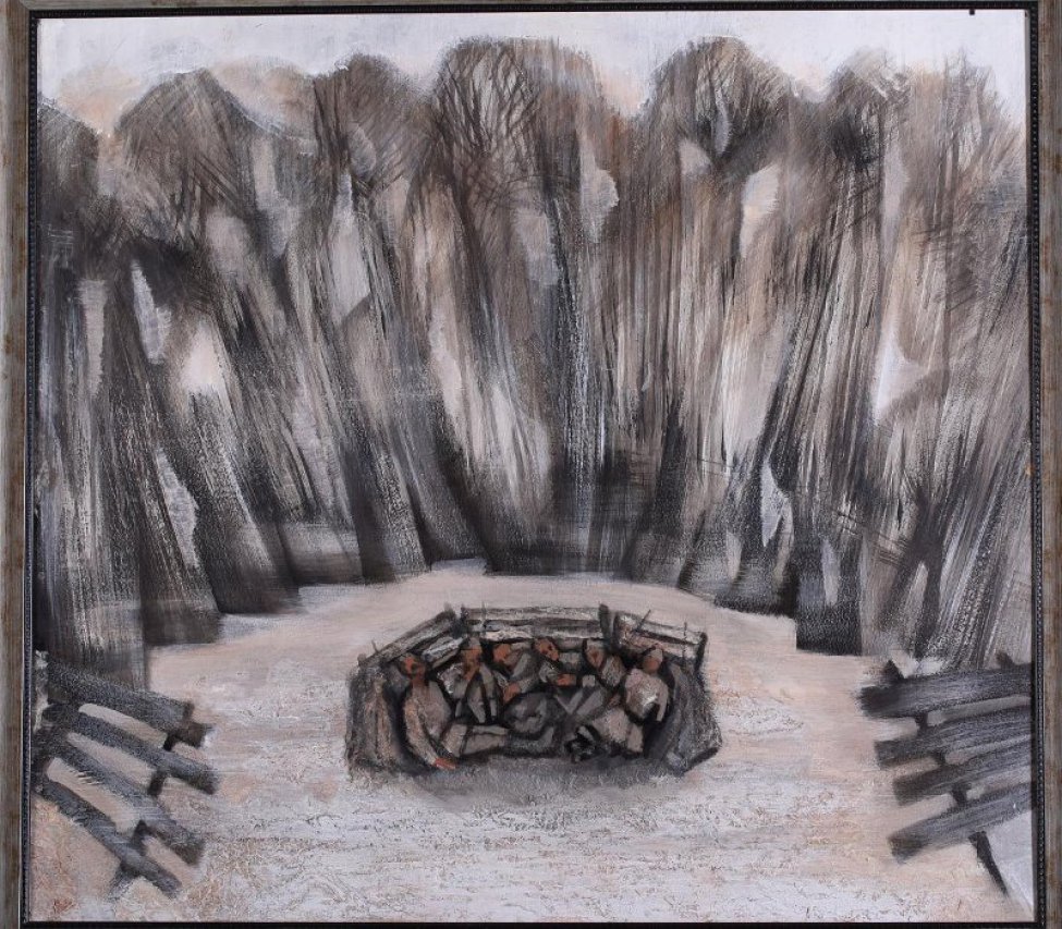 Изображена поляна с глубокой воронкой в центре. В воронке - условно изображенные фигуры сидящих солдат (6 фигур). За воронкой на втором плане - высокие деревья, образующие полукруг.