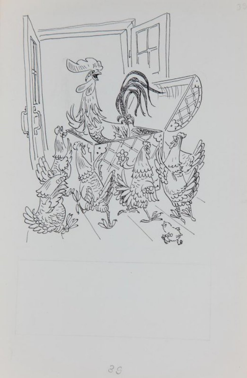 Стилизованное изображение: на фоне распахнутой двери на дощатом полу - сундук с петухом, вокруг 6 кур и цыпленок. В нижней части - разметка карандашом для текста.
