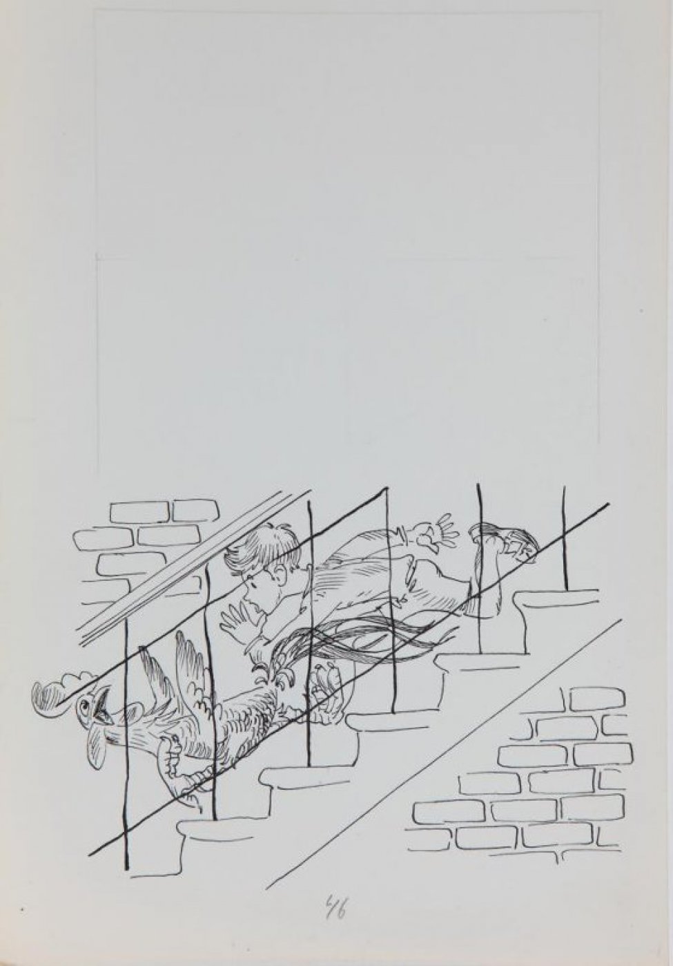 В нижней части листа - стилизованное изображение на фоне кирпичной стены бегущих вниз по лестнице петуха и мальчика. В верхней части листа - разметка карандашом для текста.