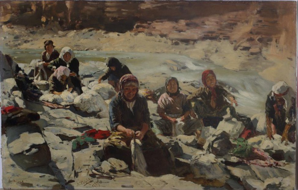 Изображены восемь женщин, сидящих на берегу горного ручья в различных позах и стирающих белье. Разноцветные пестрые костюмы женщин и белье залиты ярким светом. Лица женщин обращены к зрителю.