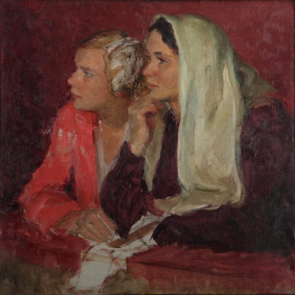 Погрудное изображение двух женщин, сидящих в ложе у барьера. Изображены почти в профиль. Одна из них (белокурая) одета в красную блузку, вторая - с темными волосами, одета в темно-вишневую блузку и шарф фиолетового цвета. Фон малиновый.