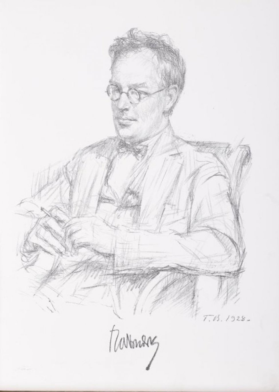 Поколенное изображение Б. Пильняка в очках, сидящего в кресле. Голова повернута 3/4 влево. В правой руке папироса. Под портретом факсимиле  подписи писателя.