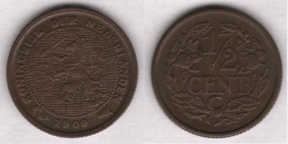 Аверс: В центре, в круглой рамке из мелких точек, герб Нидерландов: на фоне из прямых параллельных горизонтальных линий (синий цвет в геральдике) ге- ральдический коронованный лев на задних лапах влево, в передних лапах меч и пучок стрел; вокруг льва множество небольших прямоугольных ге- ральдических щитов. Внизу под рамкой дата: 1909. Слева и справа от даты знаки небольшого размера: слева морской конёк, справа - кадуцей. Вокруг рамки надпись (с разрывом внизу, около даты): HONINGRIJK DER NEDERLANEN. По краю монеты линейный ступенчатый буртик.
Реверс: В центре -- обозначение номинала в две строки: 1\2 СЕNТ. Вокруг номинала две ветви цветущего лавра? (листья с контррельефными прожилками), перевязанные внизу лентой. По краю монеты линейный буртик.
Гурт: гладкий