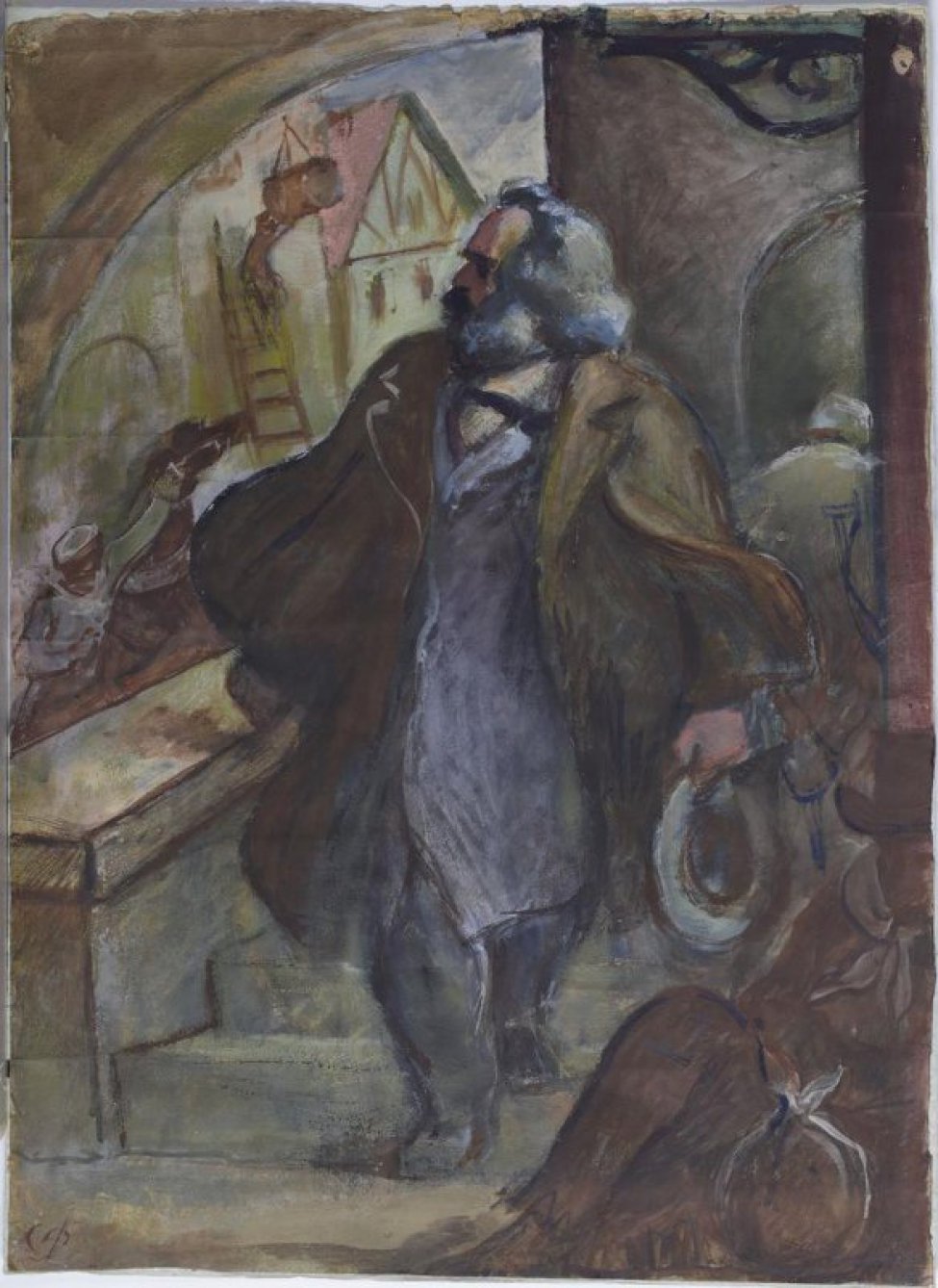 В центре композиции изображен К. Маркс, спускающийся по лестнице со шляпой в левой руке. В правом нижнем углу изображен  сидящий мужчина с узлом в руках. На втором плане виден дом и солдат, усмиряющий коня.